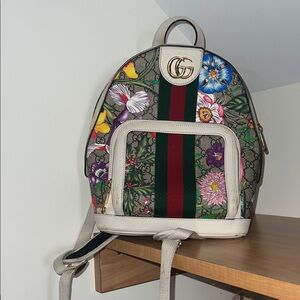Gucci Beige Backpack with Floral Multicolor Design